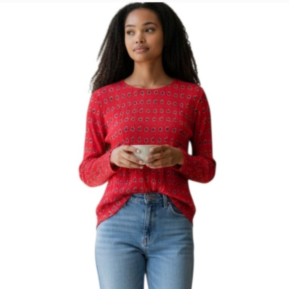 ROSE & OLIVE RED & BLACK HEART PRINTED FLARE SLEEVE BLOUSE SZ.L EUC.